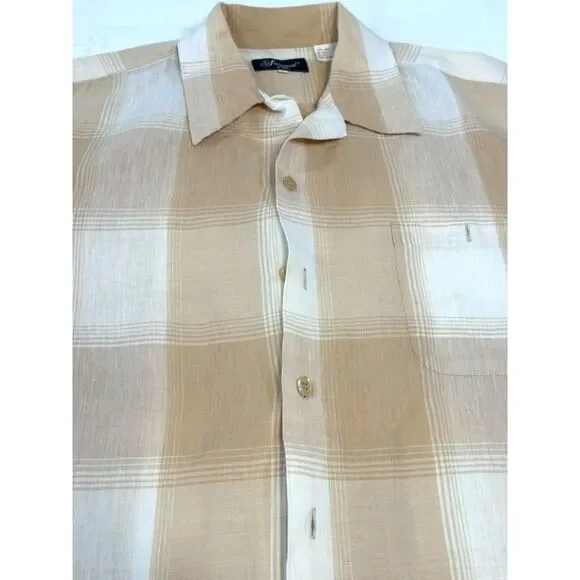 100% Linen Uomo plaid sand and beige open collar short sleeve shirt, XL - Picture 2 of 5